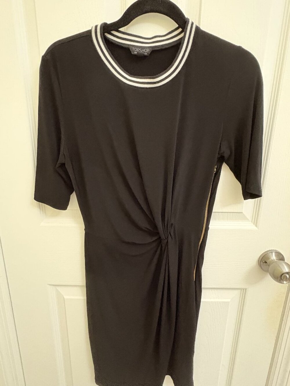 Topshop Black Front-Twist Bodycon Dress with Striped Collar & Side Zip